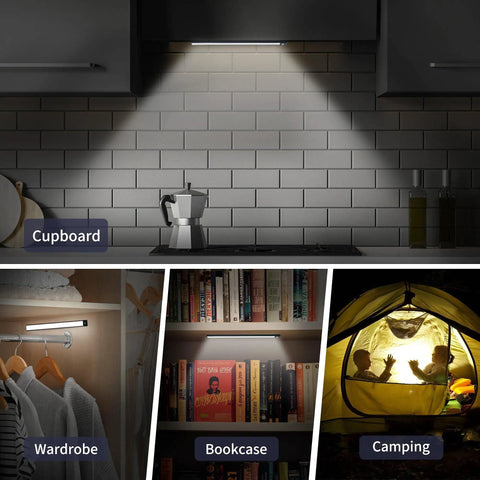 LED Motion Sensor Under Cabinet Lights 2 Pack with Ultra Thin Magnetic Closet Design 69 LEDs in kitchen, wardrobe, bookcase, tent scene