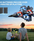 Father and child flying Epic 2.4GHz RC Plane With LED Night Lights 360 Degree Flips 6 Axis Gyro Stabilization in a field