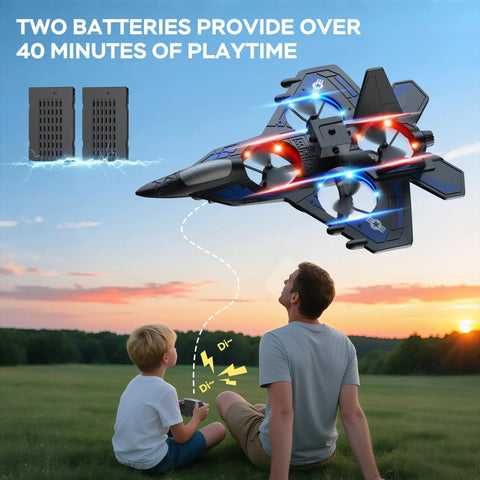 Father and child flying Epic 2.4GHz RC Plane With LED Night Lights 360 Degree Flips 6 Axis Gyro Stabilization in a field