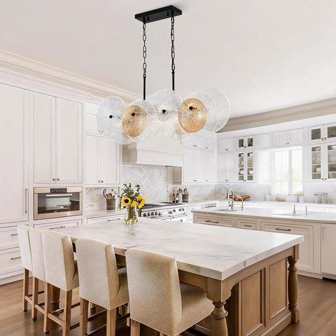 Modern kitchen with white cabinets featuring Rustic Drum Chandelier With Black Metal Frame And Exposed Bulbs over island