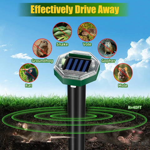 Solar Mole Repellent Stakes 8 Pack Ultrasonic Gopher Deterrent For Lawn, Garden, And Farm Outdoor IP65 Waterproof Spike