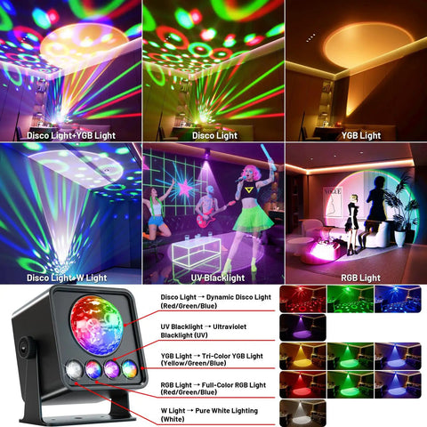Disco Ball Party Lights With Sunset Projection And RGB UV White YGB LED DJ Stage Light for colorful home party decor.