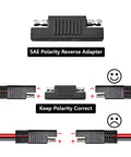 Diagram showing correct polarity for Beefy 12 Foot 16 AWG Battery Charger Cable SAE To SAE Quick Disconnect Harness.