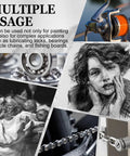 Image showcasing multiple uses of charcoal powder for drawing, including art sketches, lubrication for locks, bearings, and chains.