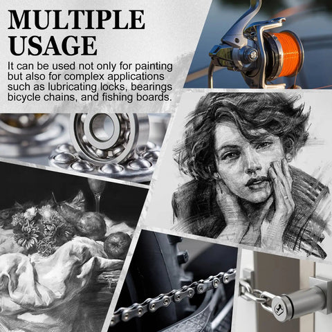 Image showcasing multiple uses of charcoal powder for drawing, including art sketches, lubrication for locks, bearings, and chains.