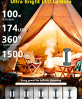 Rechargeable 3-In-1 Camping Lantern With Foldable Tent Light And Handheld Flashlight next to a lit campfire in a tent
