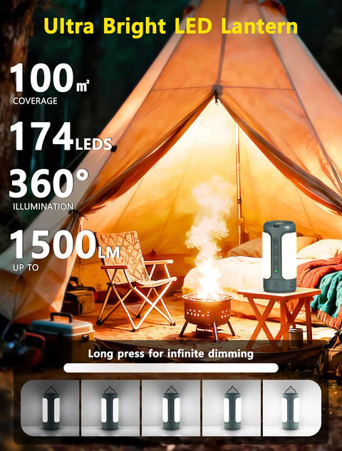 Rechargeable 3-In-1 Camping Lantern With Foldable Tent Light And Handheld Flashlight next to a lit campfire in a tent