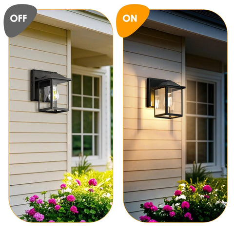 Heavy Duty Outdoor Wall Light Built Sick For Rain Or Shine Premium Metal Sconce With Shatter Proof Glass illuminated on porch.