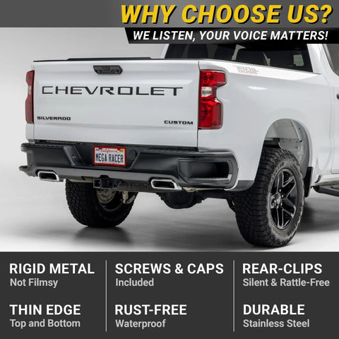Slim Red License Plate Frames 2 Pack installed on a white truck with street legal front and rear car tag holders.