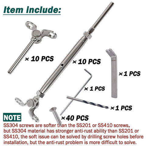 Heavy Duty Adjustable Cable Railing Hardware Kit T316 Stainless Marine Grade components for wood posts