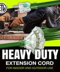 Man using 75 Foot Outdoor Indoor Extension Cord With Three Outlet 12 3 Gauge Heavy Duty ETL Listed Waterproof Flexible SJTW Power Cord 125V 1875W 15A Cold Resistant Long Green for woodworking
