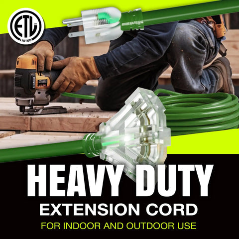 Man using 75 Foot Outdoor Indoor Extension Cord With Three Outlet 12 3 Gauge Heavy Duty ETL Listed Waterproof Flexible SJTW Power Cord 125V 1875W 15A Cold Resistant Long Green for woodworking