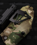 Dang Tough And Zero Drama Rig 21 Set Chicago Screw Kit for Kydex and leather gun holsters attached to camo fabric.