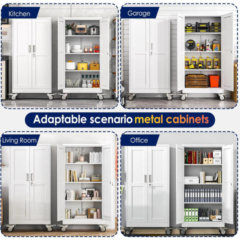 Rolling Metal Garage Storage Cabinet With Locking Doors And Wheels Tough As Nails Tool Locker With 3 Adjustable Shelves For Garage Office Home Or Gym White in different environments like kitchen, garage, living room, and office.