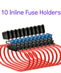 10 Inline Fuse Holders with red wires, part of the 120 Assorted ATC Fuses With 10 Inline Fuse Holders And Fuse Puller Tool, Handy Automotive Fuse Kit