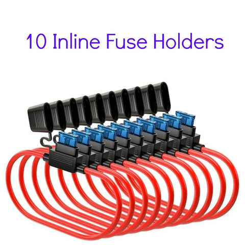 10 Inline Fuse Holders with red wires, part of the 120 Assorted ATC Fuses With 10 Inline Fuse Holders And Fuse Puller Tool, Handy Automotive Fuse Kit