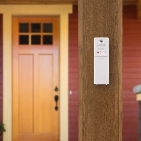 Battery Operated Wireless Digital Thermometer For Indoor Outdoor Temperature With 24 Hour High Low Records No Backlight Monochrome Display Hassle Free Setup 12 24 Hour Time Mode Signal Strength And Low Battery Alerts mounted on a wooden porch post