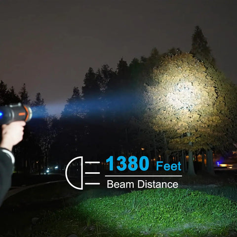 Person using 2000 Lumen Marine Spotlight Waterproof Rechargeable Handheld Flashlight For Boats With IP67 Rating at night.