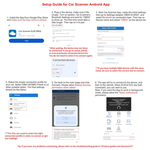 Setup guide for Android Only Bluetooth OBD2 Scanner showing app installation and device connection steps on Android devices.
