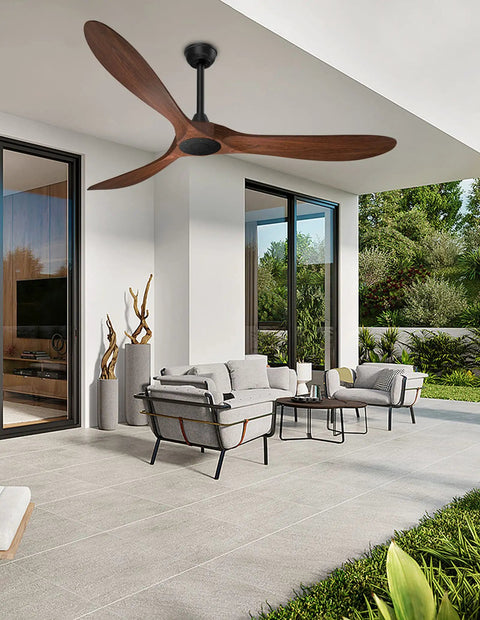 60-Inch Indoor Outdoor Ceiling Fan With Remote Control Noiseless DC Motor 3 Downrods Walnut Look 3 Plastic Blades on patio