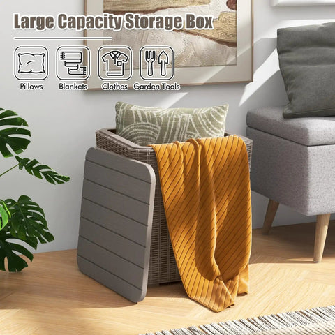 11.5 Gallon Waterproof Deck Box With Removable Lid And Faux Rattan Side Table For Outdoor Patio Storage displayed with cushions and blanket
