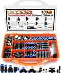 Premium 130 Pc Air Hose Push To Connect Fittings Kit For 1/4 Inch And Larger Pneumatic Lines With NPT Threads Quick Connect Adapters Ideal For Compressors And Auto Repair Shops. Organized orange case with 1/4-inch fittings