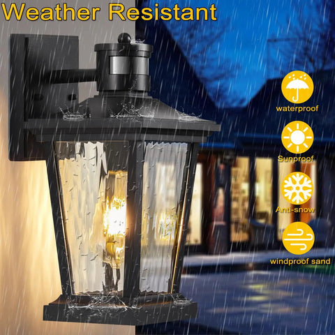 Outdoor Wall Lights With Motion Sensor Black Porch Lighting weather resistant in rain with illuminated glass fixture
