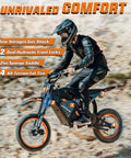 A person riding RM7 Electric Dirt Bike For Teens And Adults, 2200W Peak Motor, with features like all-terrain tires and suspension.