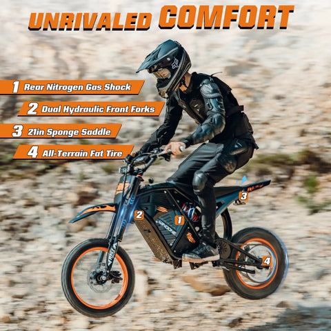 A person riding RM7 Electric Dirt Bike For Teens And Adults, 2200W Peak Motor, with features like all-terrain tires and suspension.