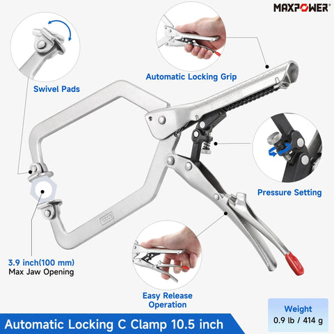 Self Adjusting Locking Pliers Set Knobs Free Squeeze And Go Grip Heavy Duty C Clamp Vise Tool 10.5 inch with automatic locking grip.