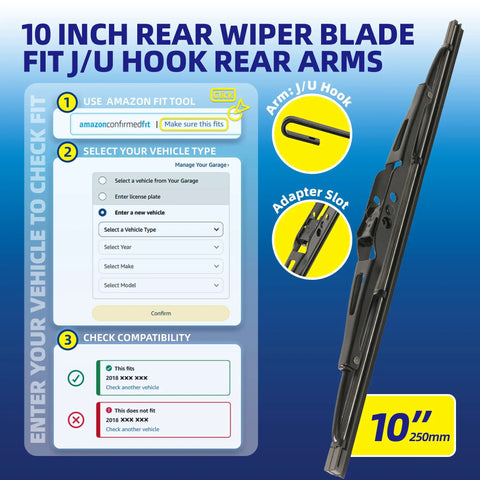Premium 10 Inch Rear Windshield Wiper Blade For Chevy Trax Traverse And Gmc Acadia featuring J/U hook and compatibility checker.