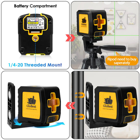 Self Leveling Laser Level 100ft Green Cross Line Two Line Laser For Construction And Picture Hanging IP54 Waterproof 360 Degree Magnetic Base Battery Included, showcased on tripod and metal surface mount.