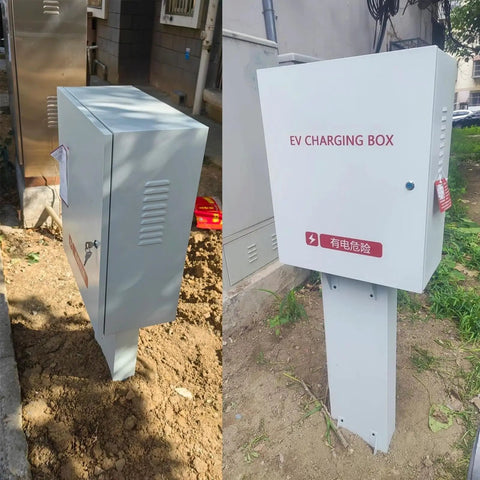 Built Like A Tank Electric Vehicle Charger Lock Box With Sturdy Support Post, durable steel, outdoor installation, weatherproof design.