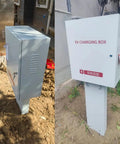 Heavy Duty EV Charger Protective Cover With Integrated Stand And Hella Secure Combo Lock Universal Weatherproof Charging Station Box side view outdoor installation.