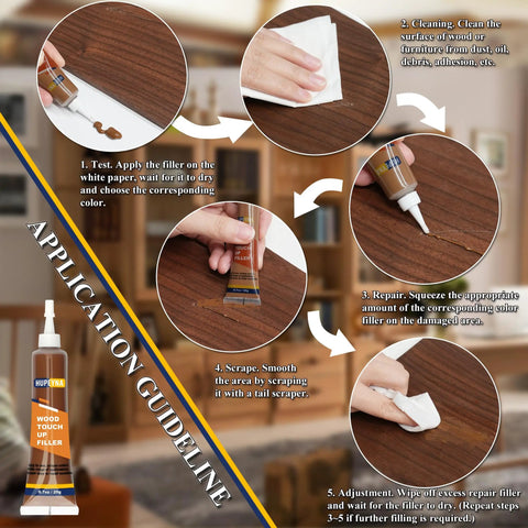 Top Shelf Wood Repair Kit Featuring Slick Scratch Fix And 12 Color Wood Filler Set For Effortless Diy Furniture Restoration process of applying wood filler on surface.