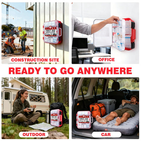 TLIEAO 400-piece all-purpose first aid kit in red wall-mount case shown at construction site, office, outdoor and car.