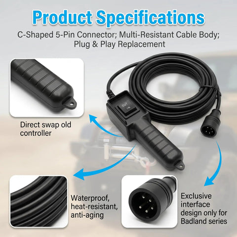 Premium 5 Pin Winch Remote Control Switch Cable For Badland Electric Winches 5000 Lb 9000 Lb And 12000 Lb Series Models detailing specifications.