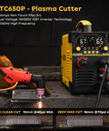 65 Amp Plasma Cutter With Pilot Arc HF Non-Touch, STC650P, Dual Voltage 110 And 220V shown cutting metal with LED display
