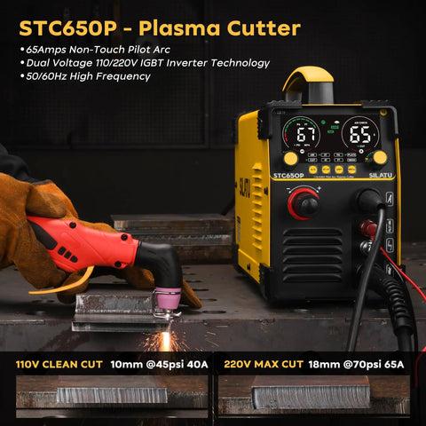 65 Amp Plasma Cutter With Pilot Arc HF Non-Touch, STC650P, Dual Voltage 110 And 220V shown cutting metal with LED display
