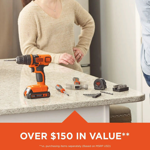 Power Up 20V Max Cordless Drill And 68 Piece Home Tool Kit With Storage Bag, Lithium Ion Battery, 11 Position Clutch, 66 Tools And Accessories For Quick Pro Grade Home Projects