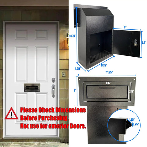 Drop Dead Secure Exterior Door Drop Box With Rear Access For Mail And Keys Anti Fishing Security Design Built Tough Zero Drama Operation In Matte Black dimensions shown next to the door.