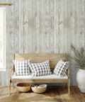 Vintage Wood Shiplap Peel And Stick Wallpaper With Realistic Grain Texture Easy Peel And Stick Self Adhesive And Removable For Furniture Walls And Cabinets Ideal For Kitchen Living Room DIY Decor featuring a cozy wooden bench and checkered cushions.