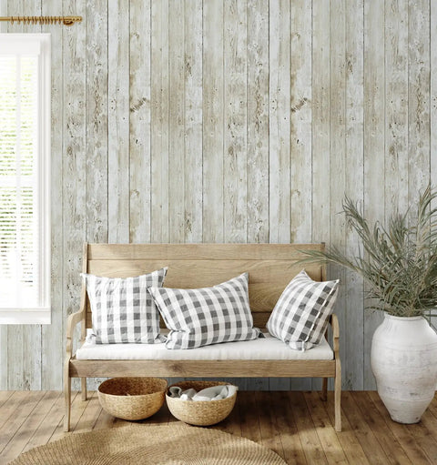Vintage Wood Shiplap Peel And Stick Wallpaper With Realistic Grain Texture Easy Peel And Stick Self Adhesive And Removable For Furniture Walls And Cabinets Ideal For Kitchen Living Room DIY Decor featuring a cozy wooden bench and checkered cushions.
