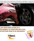Person fixing car tire next to 170 Piece Car U Clip And Screw Assortment Kit With 9 Sizes Metal Body Panel Clips U Nut Fasteners