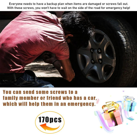 Person fixing car tire next to 170 Piece Car U Clip And Screw Assortment Kit With 9 Sizes Metal Body Panel Clips U Nut Fasteners