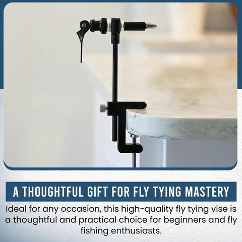 Heavy Duty Rotary Fly Tying Vise With Sturdy Bench Clamp And Smooth Adjustable Tension Built Tough For Daily Workshop Grind mounted on marble countertop.