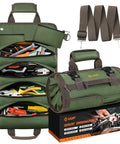 Heavy Duty Roll Up Tool Bag Portable Soft Tool Storage Foldable Organizer With Small Pockets Water Resistant PVC Coated Oxford For Mechanics Dads Home Garage Green, displaying front view with tools in small pockets and adjustable strap