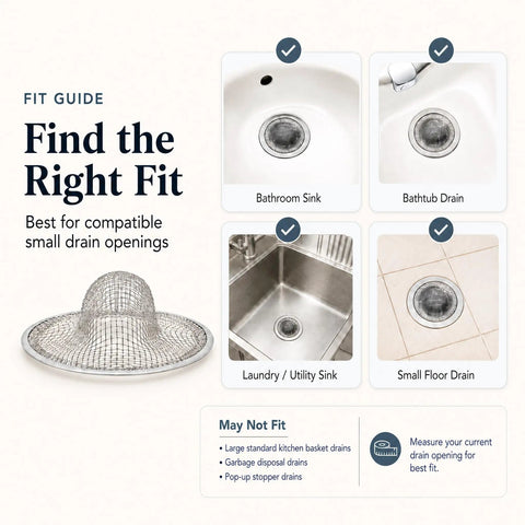 Top Shelf 50 Pack Stainless Steel Sink Strainers 2-3/4 Inch Mesh Drain Filter Basket illustration showing fit guide for small drain openings.