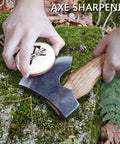 Using Dual Grit Axe Sharpener Stone 400 1000 For Hatchets And Axes With Leather Sheath in outdoor setting