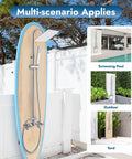 Wall Mount Outdoor Shower Kit With Chrome Rainfall Head And Handheld Spray shown in various outdoor settings. Rust Resistant Stainless Steel And Brass Construction.